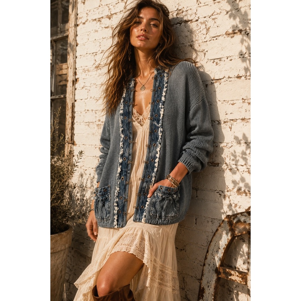 Vintage PBJ Blues Blue Cotton Ramie Denim Trim Cardigan Sweater Boho XL